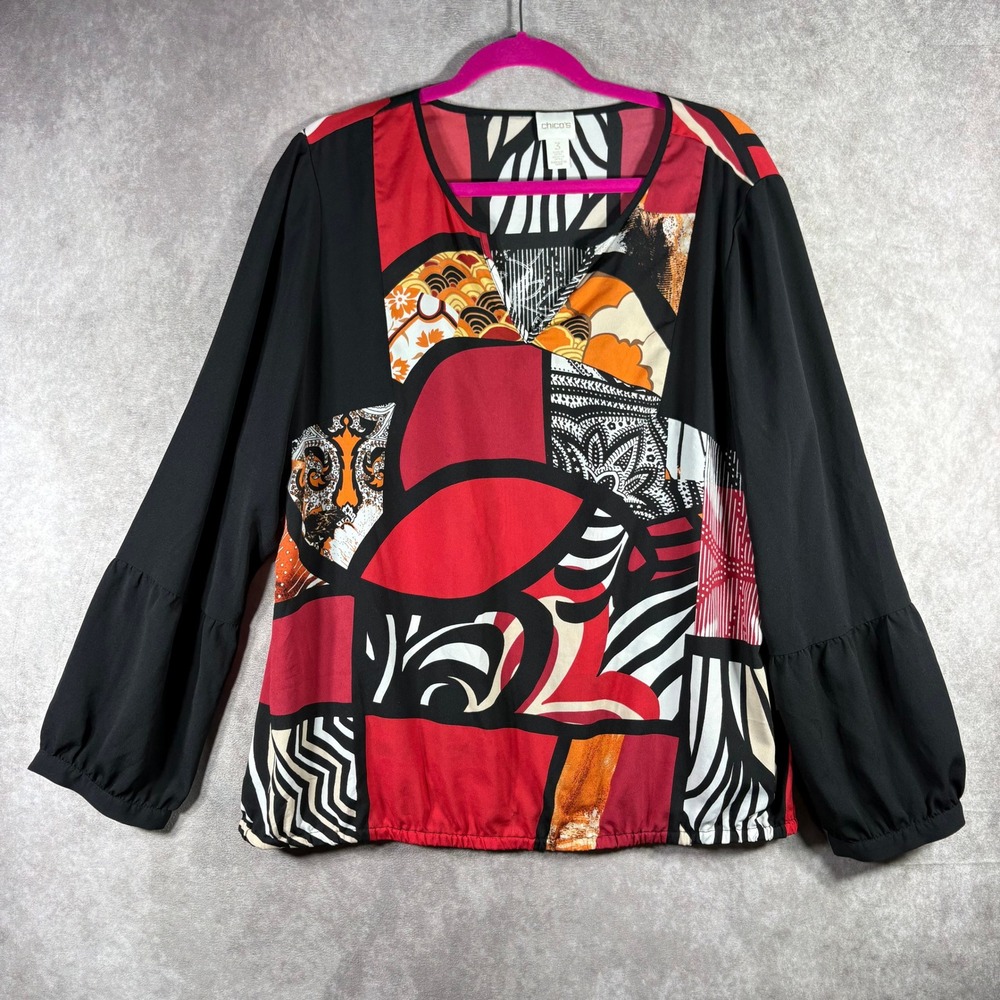 Chico's Blouse Womens Size 3 US XL Multicolor Abstract Patchwork Long Sleeve Art